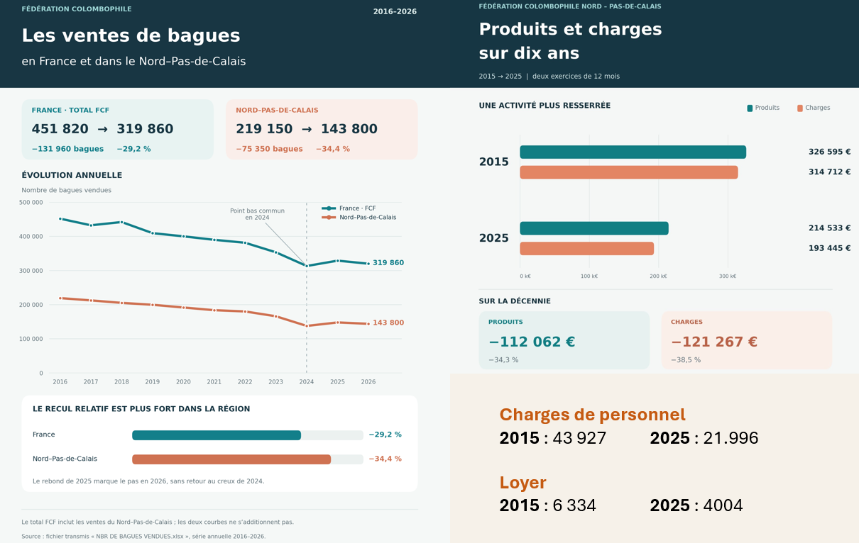 Les ventes de bagues baissent de 29,2 % en France et de 34,4 % en Nord–Pas-de-Calais entre 2016 et 2026. Entre 2015 et 2025, les produits régionaux passent de 326 595 à 214 533 euros et les charges de 314 712 à 193 445 euros.