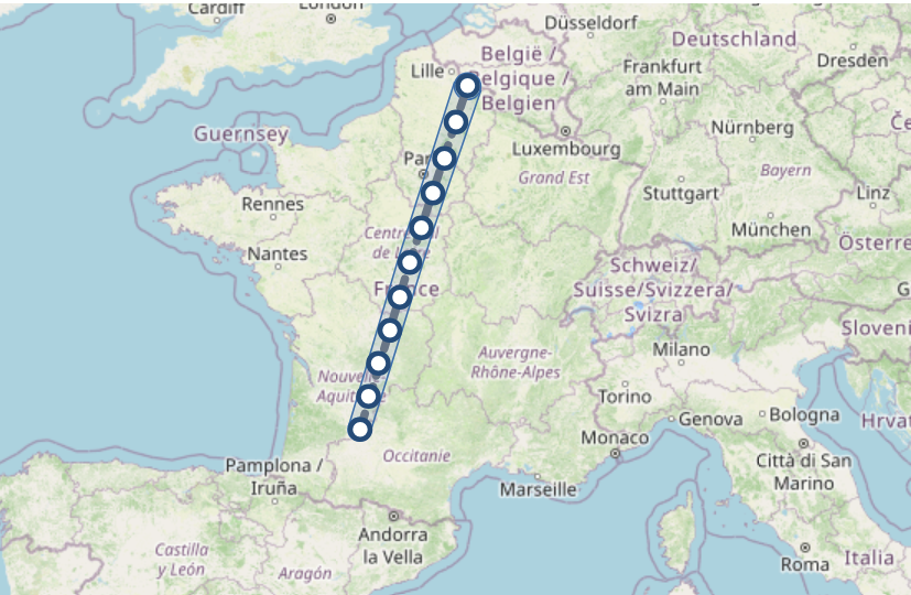 Carte d’un parcours du Sud-Ouest vers le Nord, jalonné de points de consultation météo