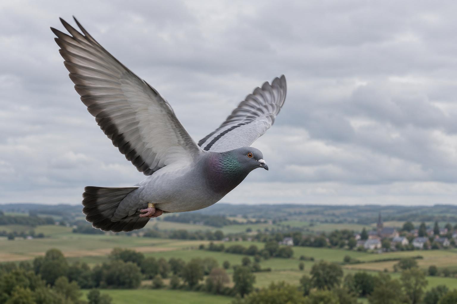 Illustration d’un pigeon voyageur en vol sous un ciel couvert