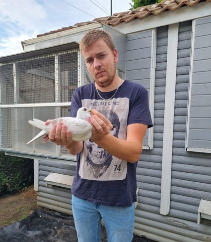 Steven Dournel tenant un pigeon devant son colombier